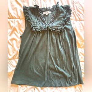 LOFT Green Ruffled Bib Collar Blouse